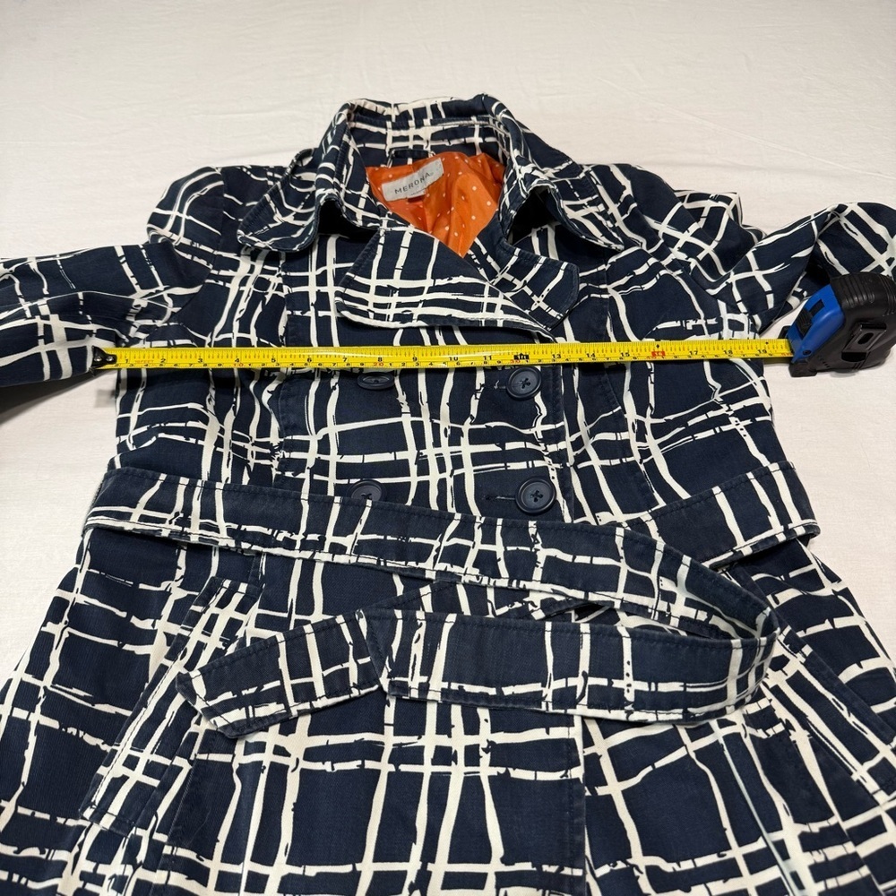 Merona Navy and White Geometric Jacket Orange Lining and Belt Women’s Medium - Picture 6 of 8